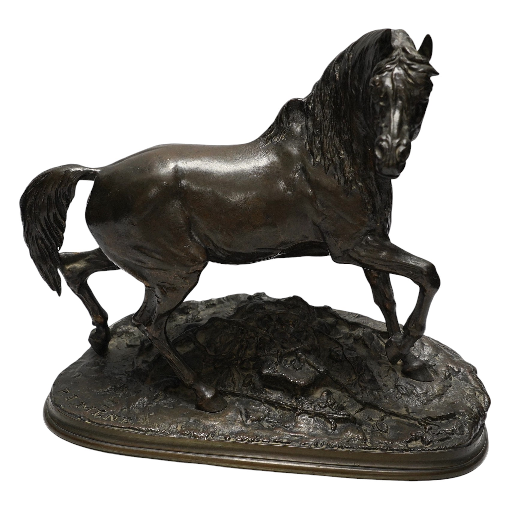 After Pierre Jules Mene (1810-1879), a bronze study of a galloping horse, signed, 35cm wide. Condition - good